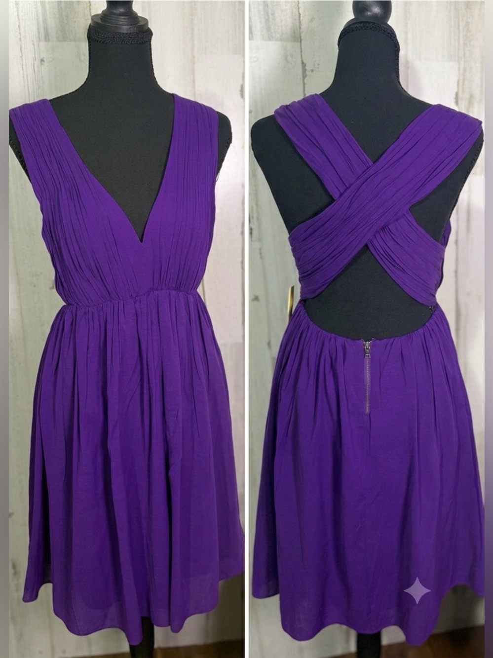 NWT Alice + Olivia Purple Pleated Mini Dress, Size XS, Open Back
